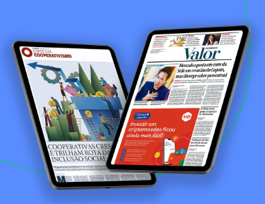 imagem em fundo azul mostra dois tablets com materias do O Globo e Valor Economico