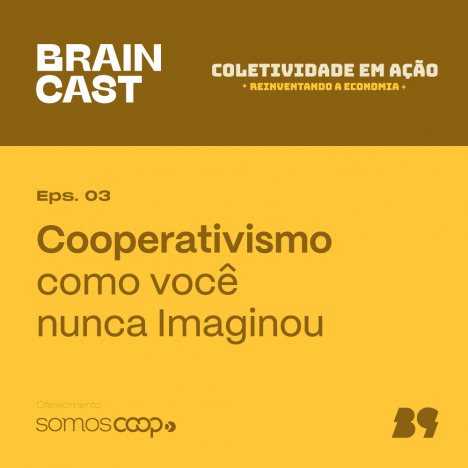 capa do terceiro episídio do podcast coletividade em ação, fundo amarelo onde se lê cooperativismo como você nunca imaginou